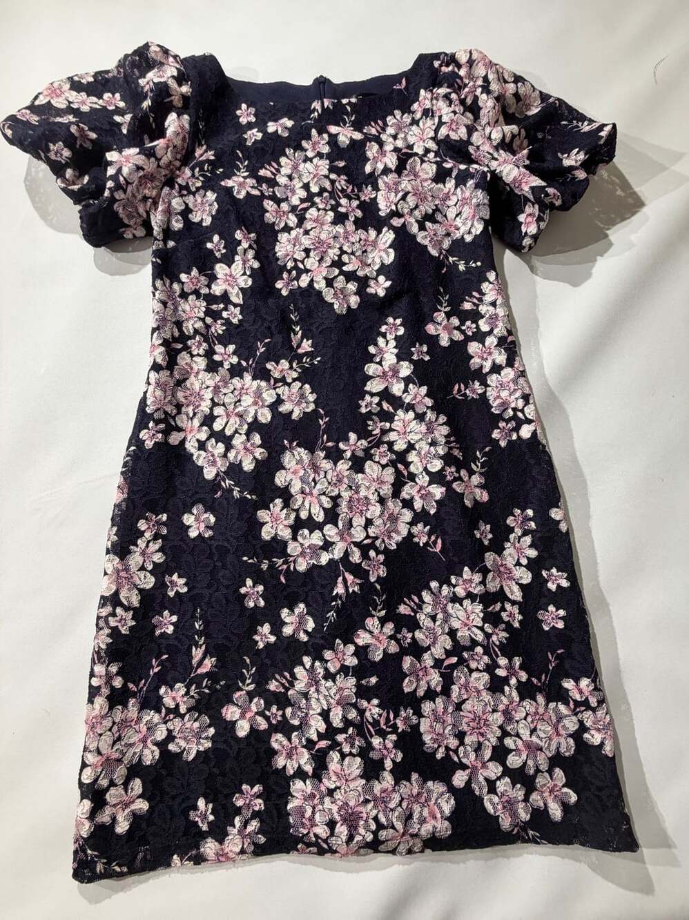 Jessica Howard 8 Navy Pink Floral Lace Puff Sleeve Cocktail Dress Party
